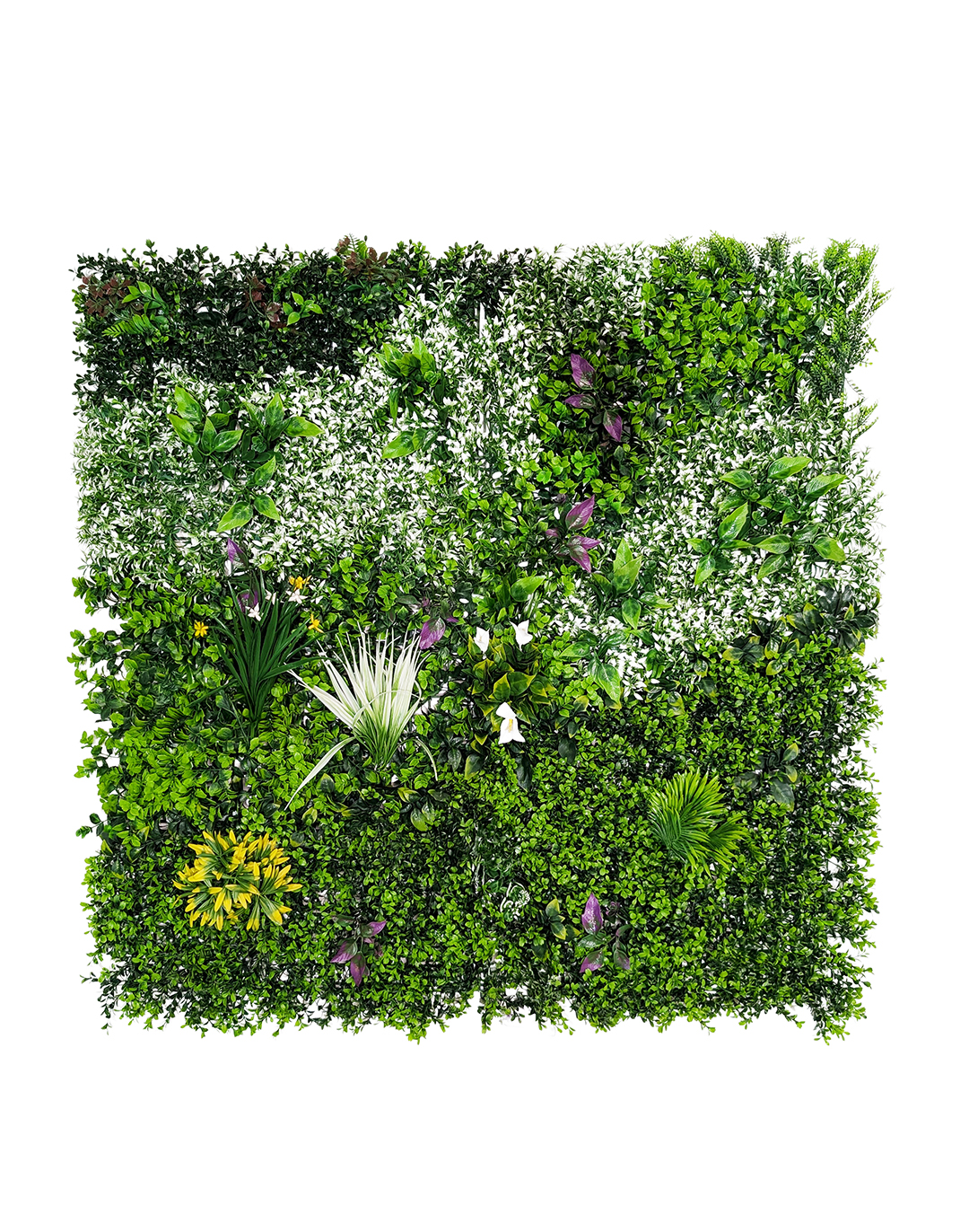 Pflanzenwand - Botanic Fusion (252) - 100x100 cm AKUSTIL Botanic Fusion 2 Pflanzenwand grün mit Blüten weiß lila gelb künstliche Wandbegrünung Büro