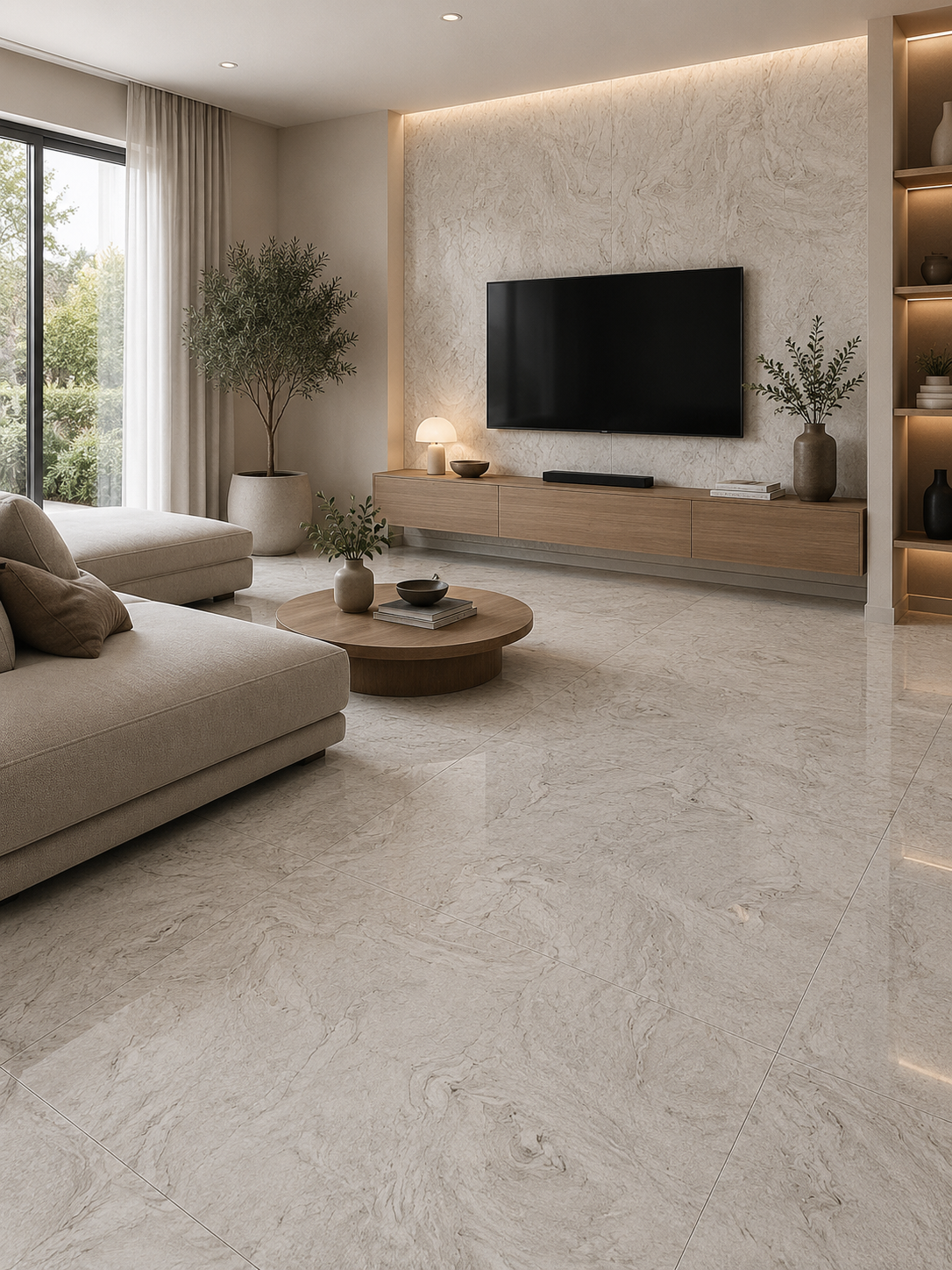 keops_bone_wohnzimmer PVC Wandpaneel Keops Bone im modernen Wohnzimmer mit Marmoroptik in Beige als TV-Wand