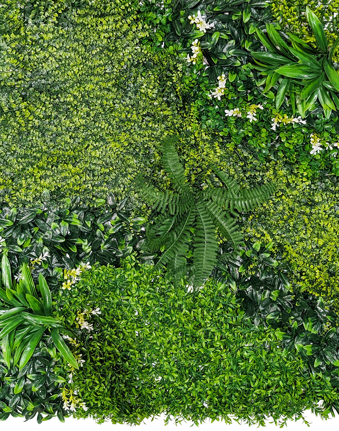 Pflanzenwand - Emerald Breeze (253) - 100x100 cm Künstliche Pflanzenwand Emerald Breeze mit Farn und weißen Blüten in Grüntönen für Büro und Wohnraum