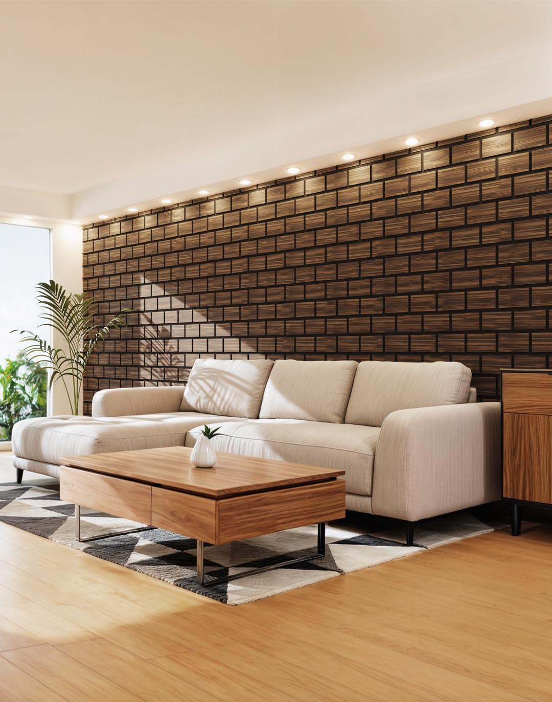 Akustikpaneel Bricks - Zebrano (16) - Muster Akustikpaneel Bricks Zebrano Wohnzimmer braun Holzoptik Wandverkleidung modern Wohnraum AKUSTIL