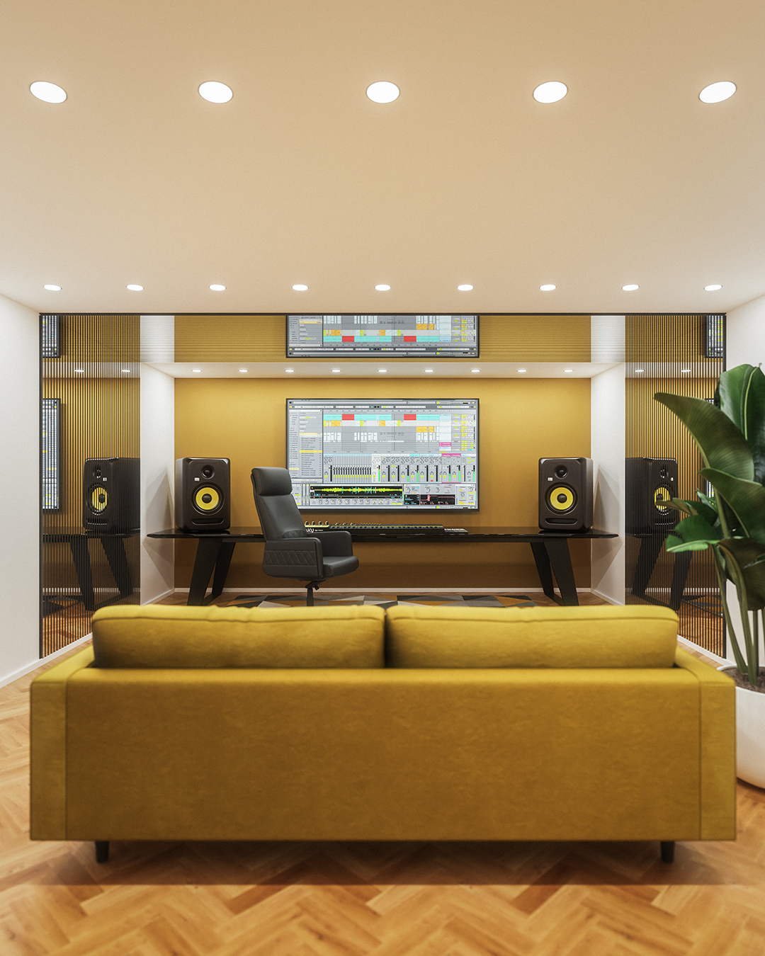 akustil_akustikpaneel_mirror_studio_1 Akustikpaneele Gold Holz-Optik im Musikstudio mit gelber Couch und KRK-Monitoren von AKUSTIL