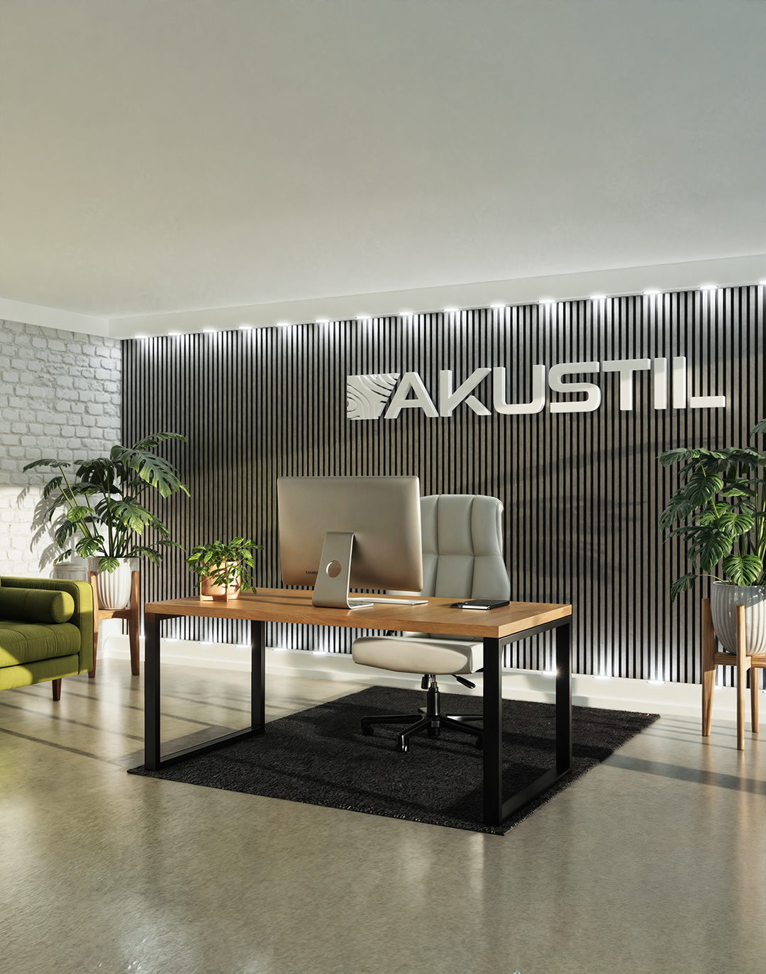 brushed silver - 4 AKUSTIL Akustikpaneel Büro dunkel gestreift mit LED-Beleuchtung modernes Bürodesign Holzoptik Wandpaneel