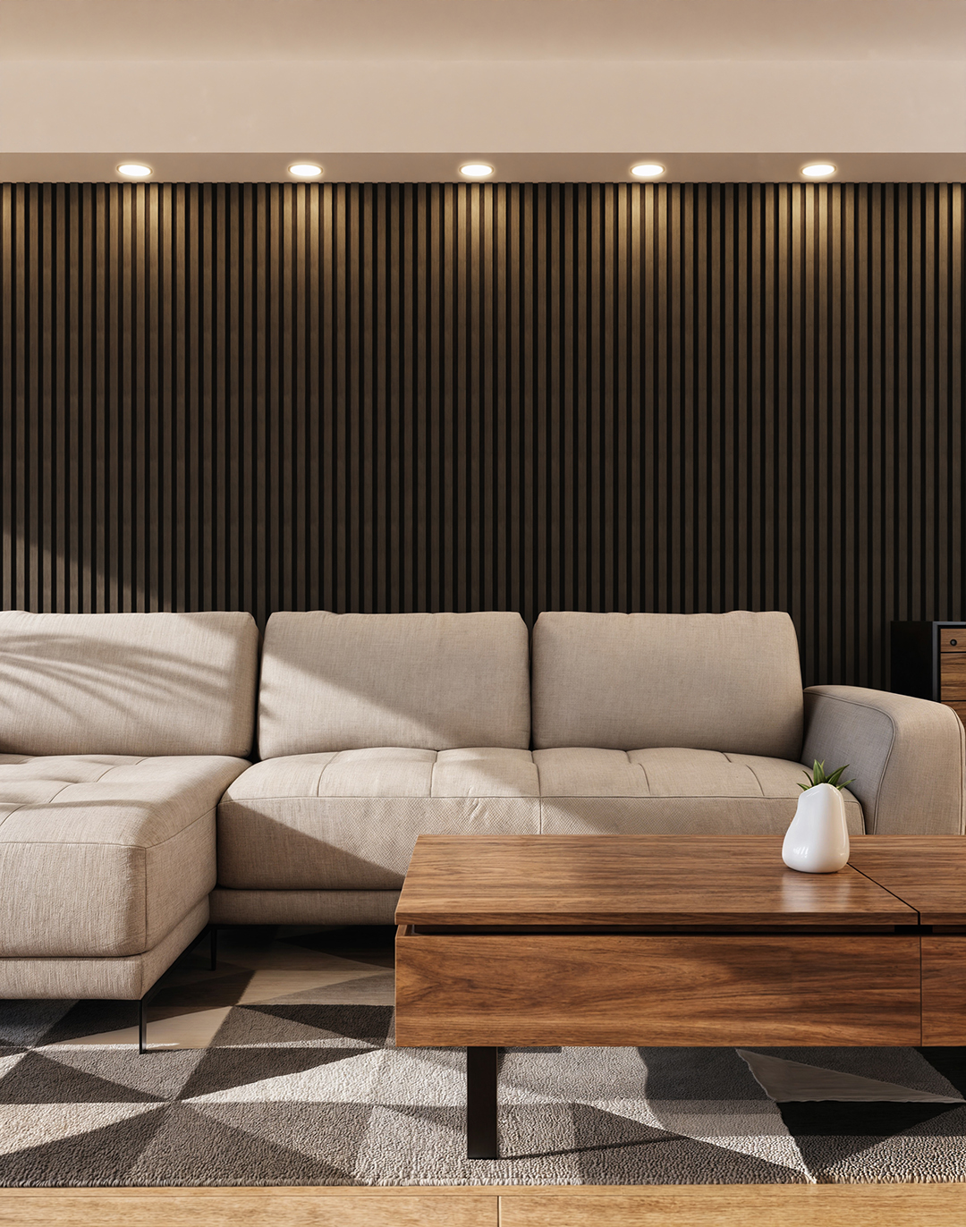 Akustikpaneel Classic - Graphite Black (09) - 240x60 cm Graphite Black Holz-Akustikpaneele dunkel als Wandverkleidung im modernen Wohnzimmer AKUSTIL