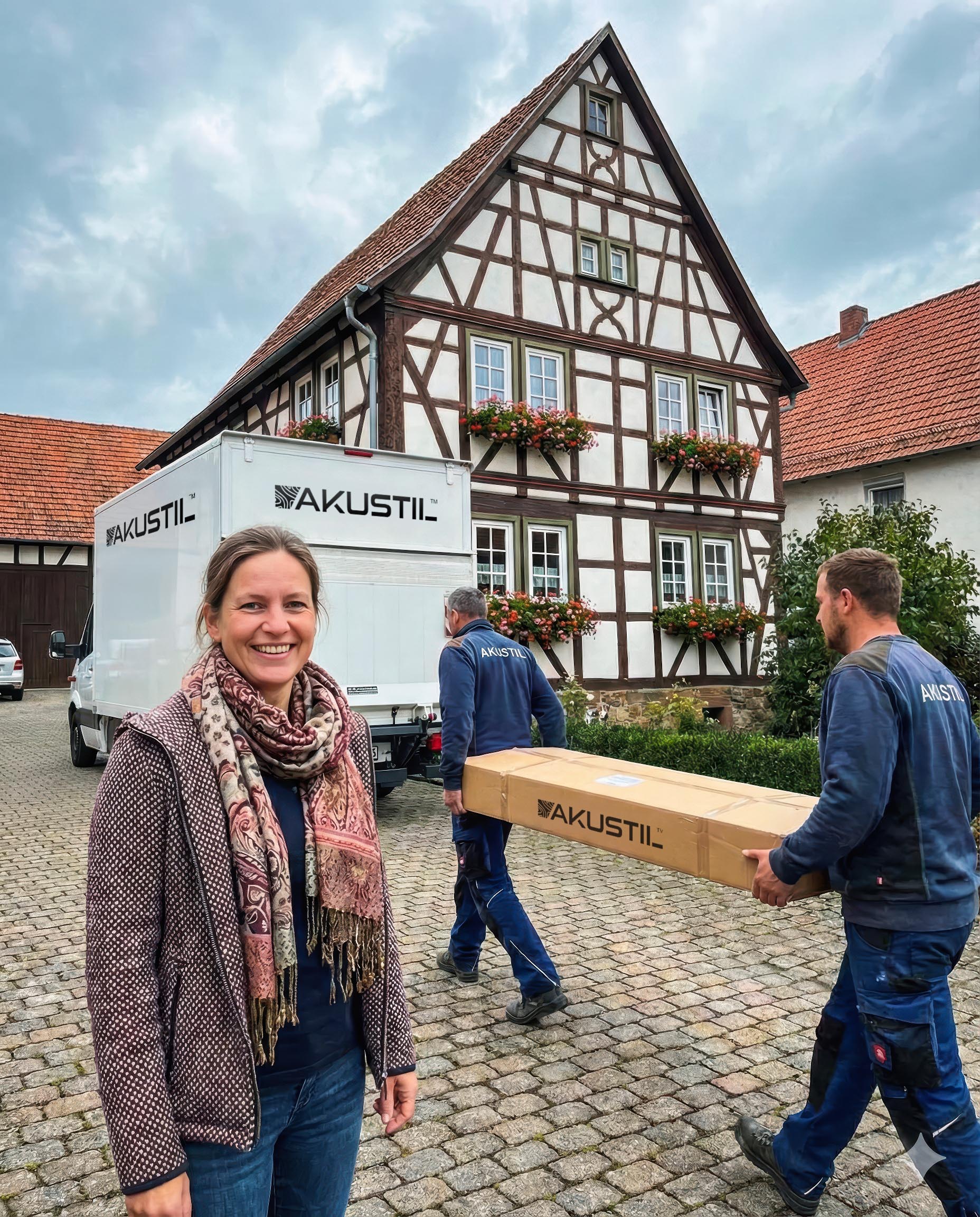 Was kostet die Lieferung bei uns? AKUSTIL Lieferung Akustikpaneele per LKW vor historischem Fachwerkhaus in Deutschland