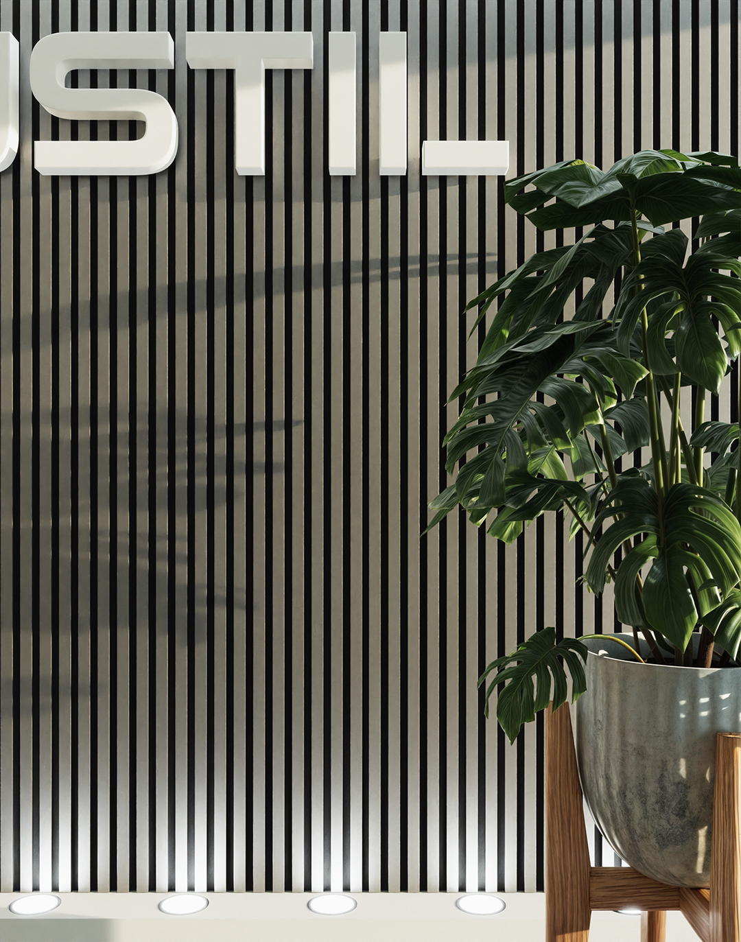 Akustikpaneel Classic - Brushed Silver Filz: Schwarz - 240x60 cm AKUSTIL PVC Wandpaneel Brushed Silver mit vertikalen Rillen als moderne Büro-Wandverkleidung mit Monstera Pflanze