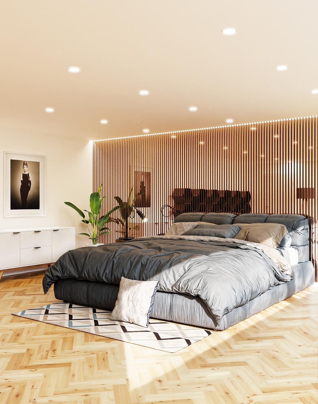 Akustikpaneel Classic - Mirror Copper (79) - 240x60 cm Schlafzimmer mit kupferfarbenen Holz-Akustikpaneelen als Wandverkleidung hinter modernem Bett AKUSTIL