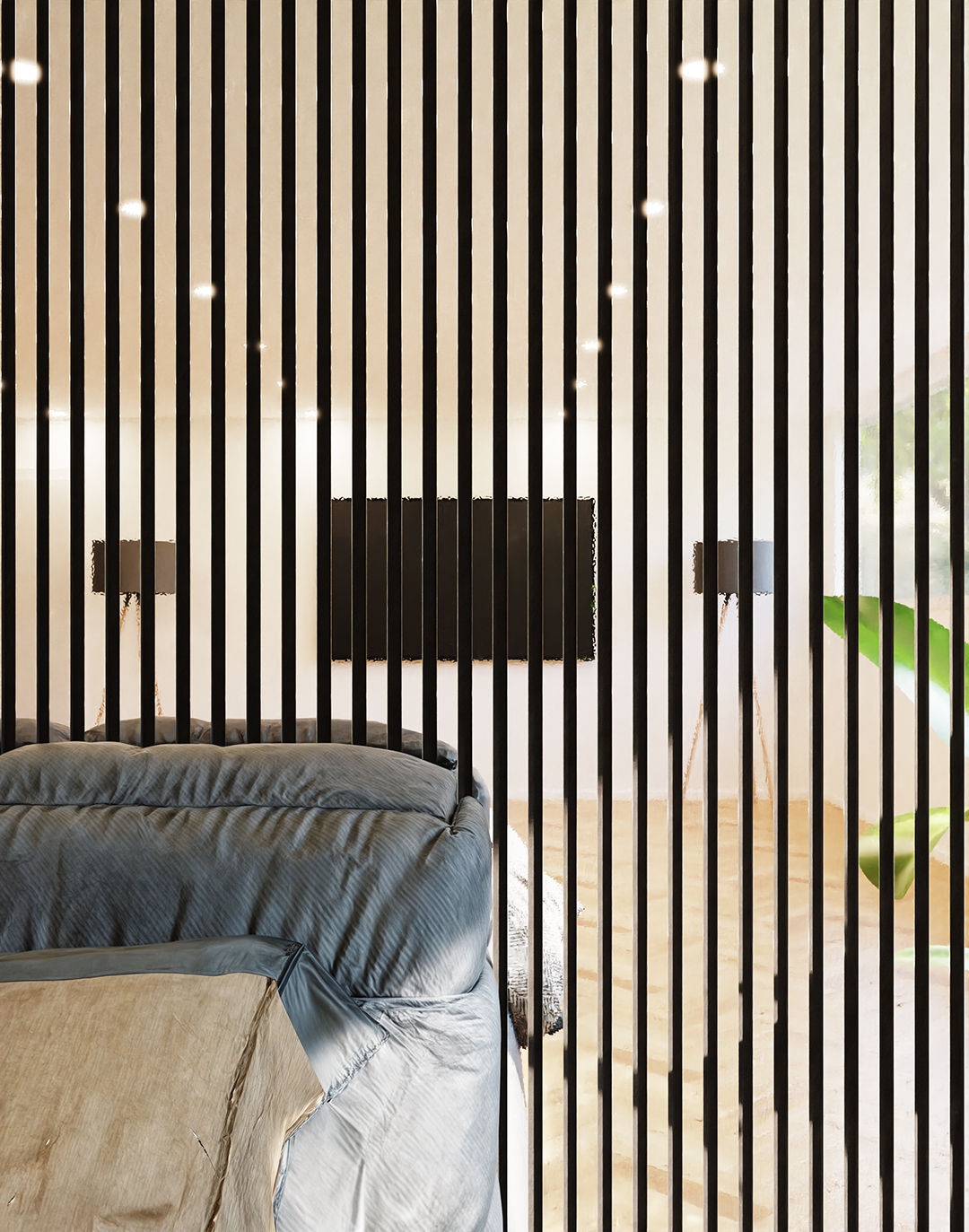 Akustikpaneel Classic - Mirror (77) - 240x60 cm Schwarze Holz-Akustikpaneele als Raumteiler im Schlafzimmer mit Bett und indirekter Beleuchtung