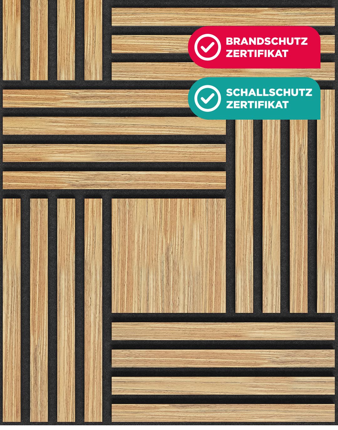 Akustikpaneel Vectra - Golden Teak Filz: Schwarz - 240x60 cm AKUSTIL Akustikpaneel Vectra Golden Teak Holz Wandpaneel schwarz geometrisches Muster Brandschutz Schallschutz