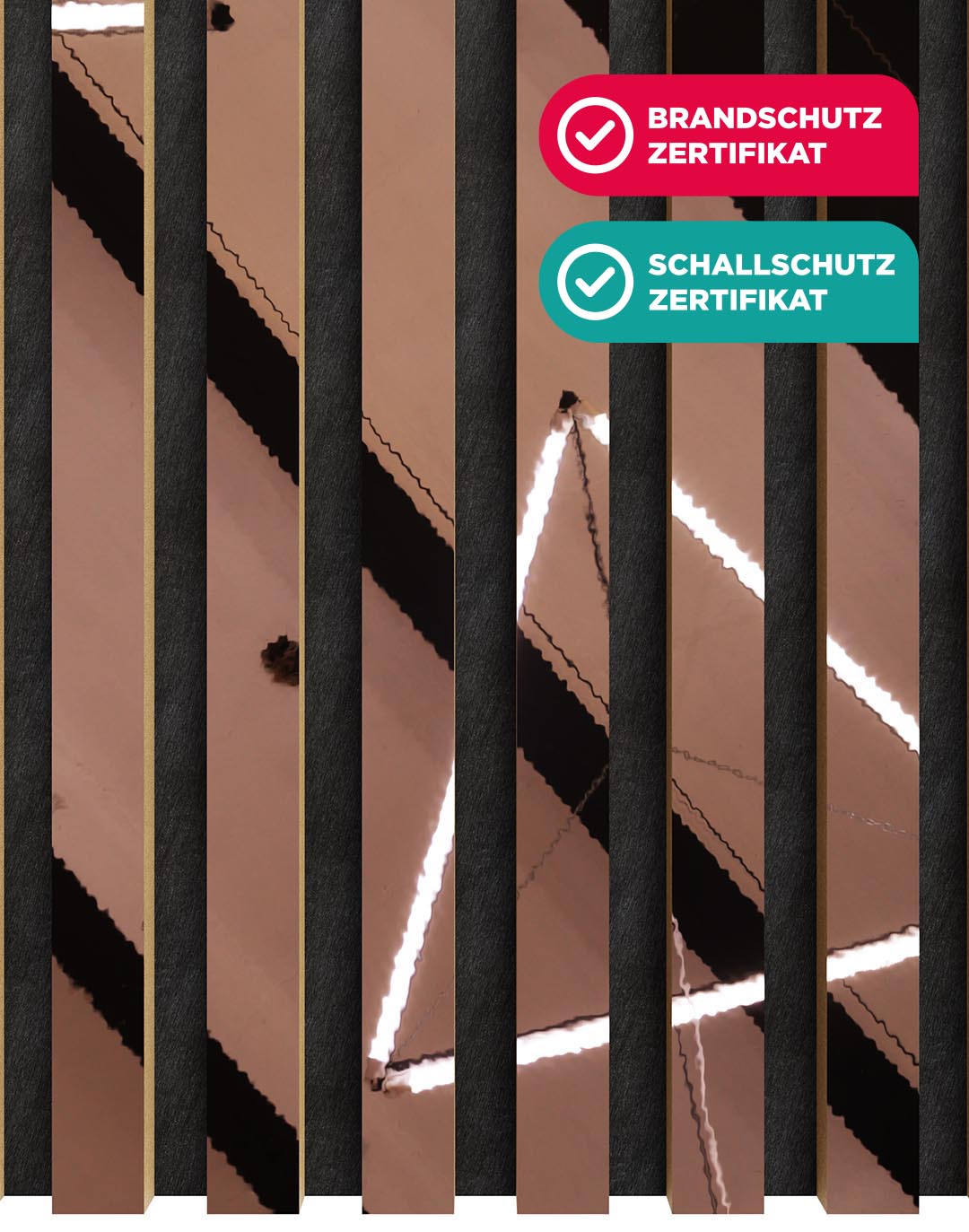 Akustikpaneel Mirror Copper mit schwarzen Holzlamellen und Brandschutz-Schallschutz-Zertifikat AKUSTIL