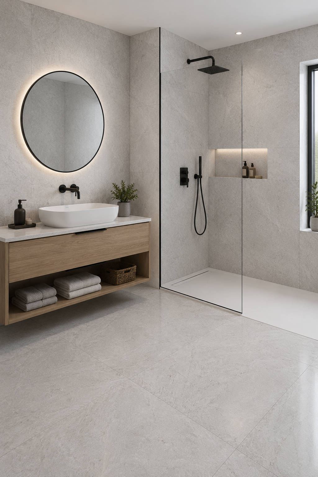 Modernes Bad mit grauen PVC Wandpaneelen Steinoptik, Holzwaschtisch und Walk-in-Dusche AKUSTIL