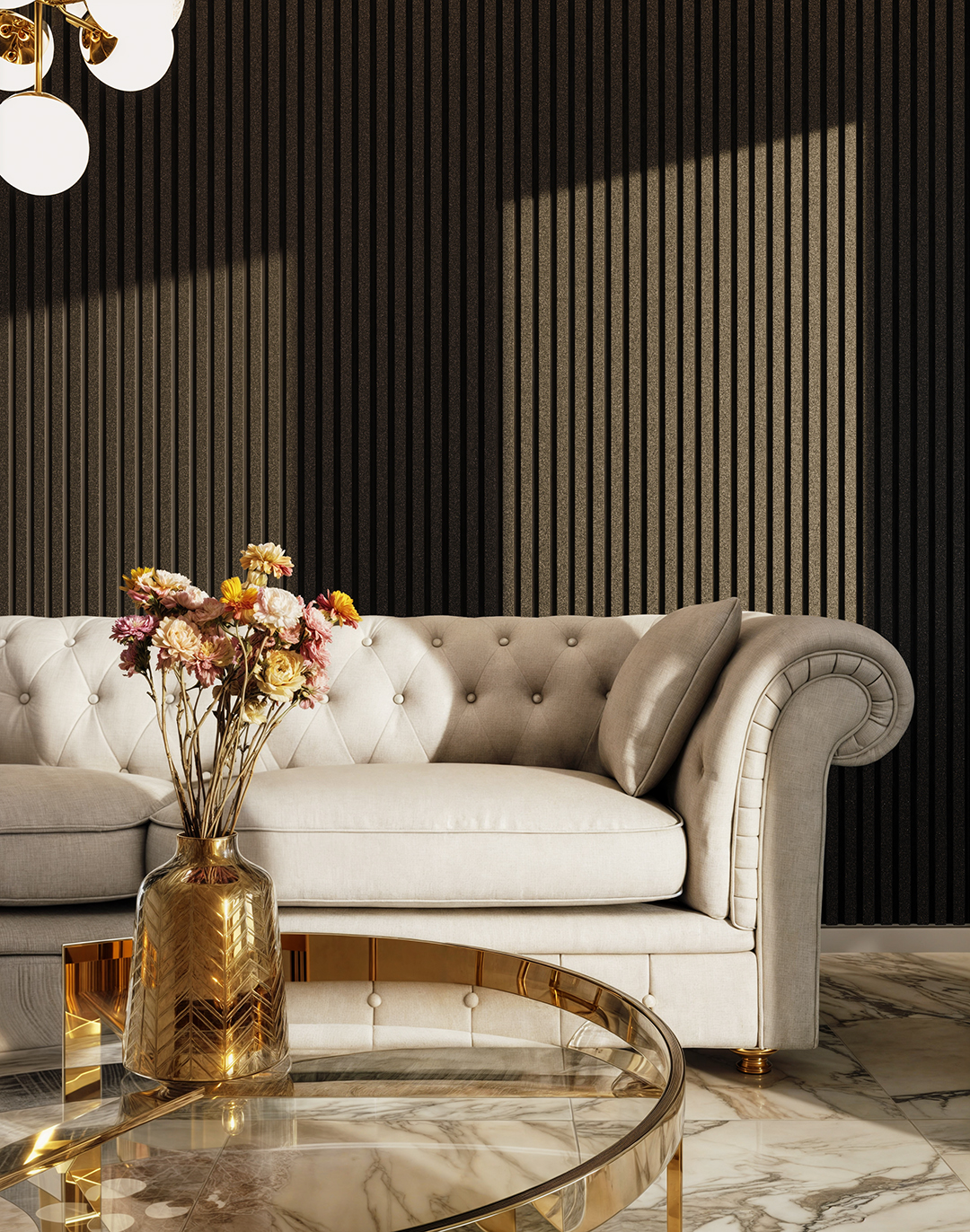 Akustikpaneel Classic - Black Glitter (101) - 240x60 cm Schwarze Glitzer Akustikpaneele als edle Wandverkleidung im Wohnzimmer hinter einem Chesterfield-Sofa