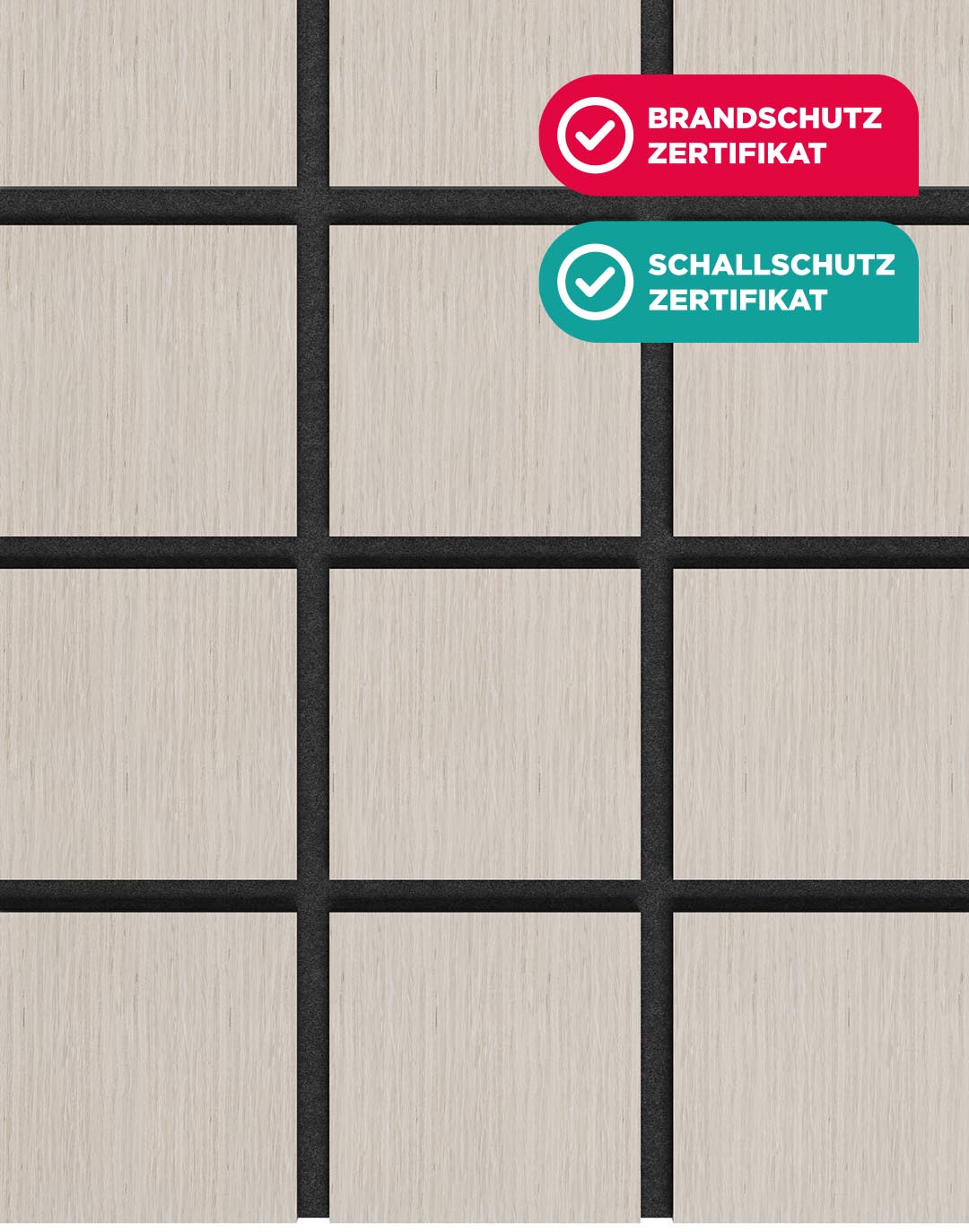 Akustikpaneel Quadra Blonde Ash hellbeige Holzoptik mit schwarzen Fugen Brandschutz Schallschutz zertifiziert