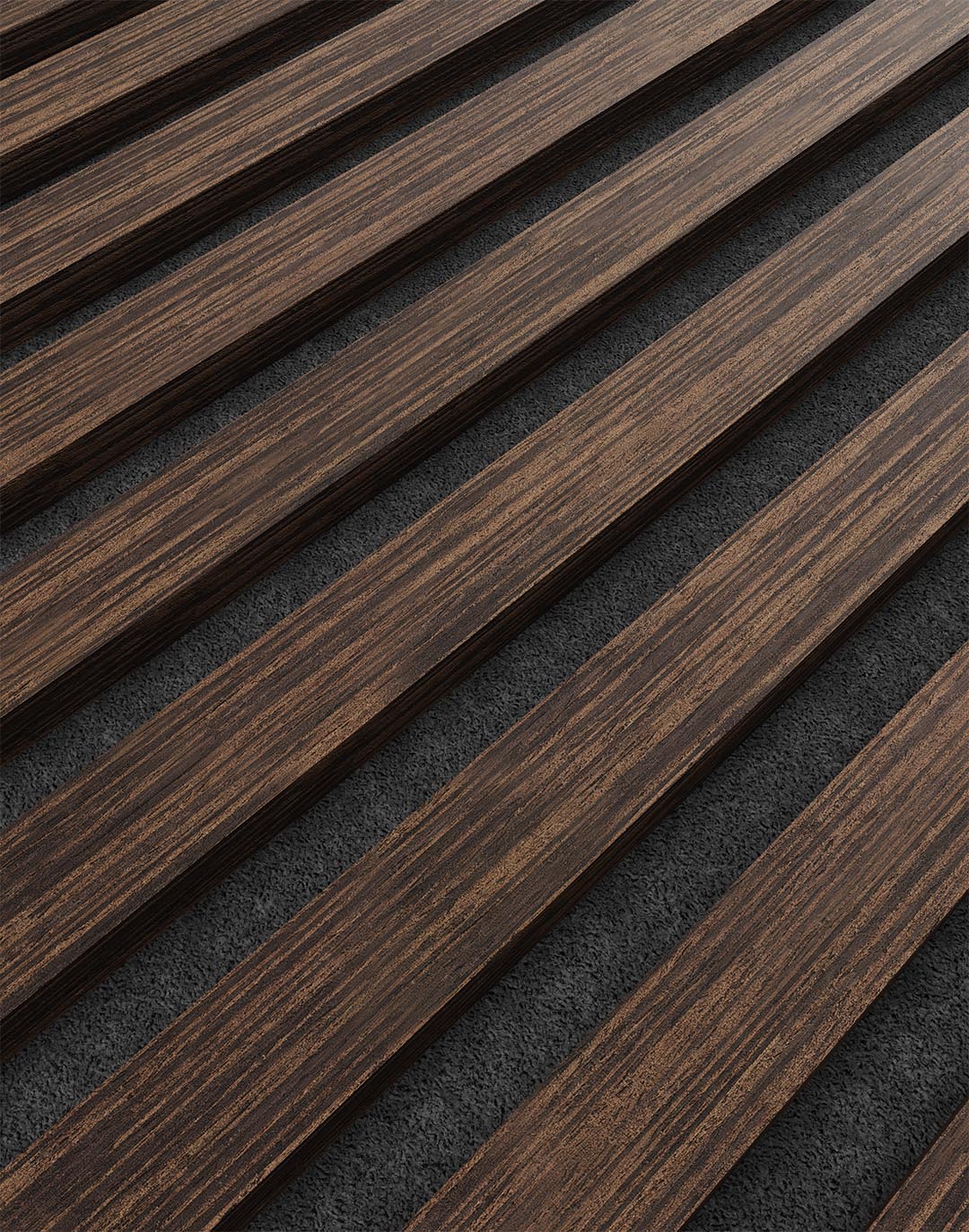 Akustikpaneel Classic - Zebrano Kontrast Filz: Schwarz - 260x60 cm AKUSTIL Holz Akustikpaneel Wooden Line Zebrano Kontrast mit schwarzem Filz Nahaufnahme Wandverkleidung
