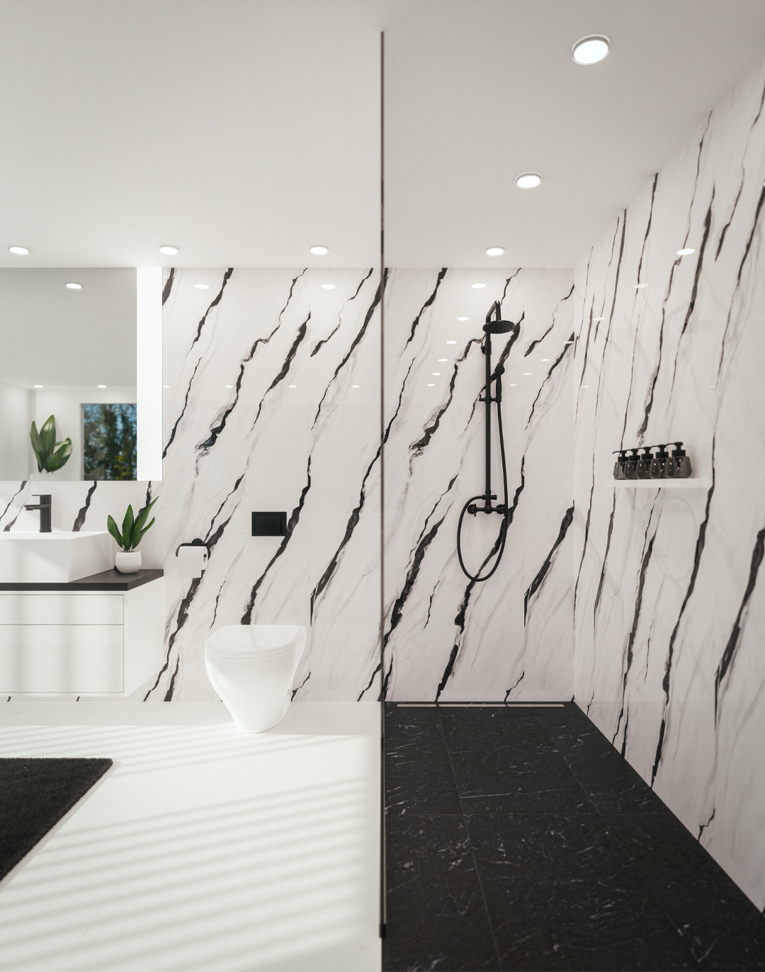 Weißes PVC Wandpaneel mit schwarzen Maserungen im modernen Badezimmer AKUSTIL Wandverkleidung