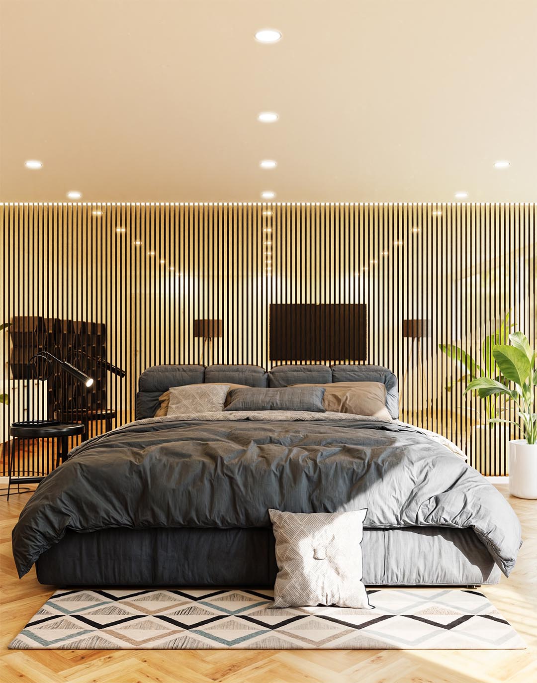 Akustikpaneel Classic - Mirror Gold (80) - 240x60 cm Holz-Akustikpaneele Mirror Gold im modernen Schlafzimmer – natürliche Wandverkleidung mit Lamellen-Design