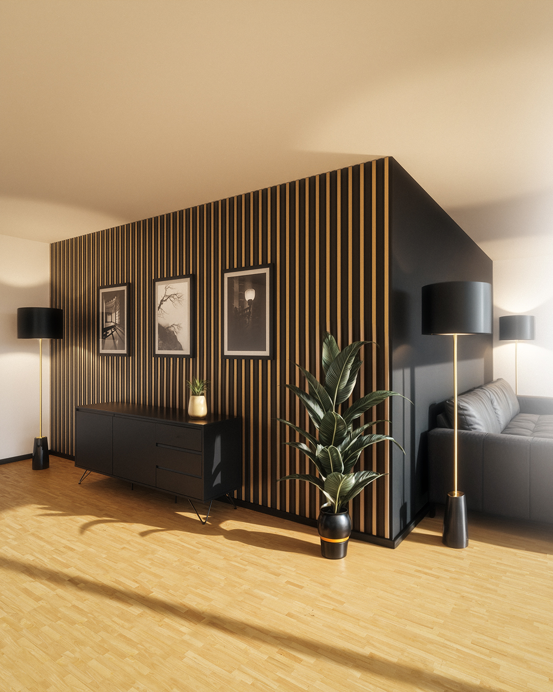 wohnzimmer_black_gold_1 Schwarze Holz-Akustikpaneele mit Goldstreifen im modernen Wohnzimmer mit Stehlampe und Zimmerpflanze