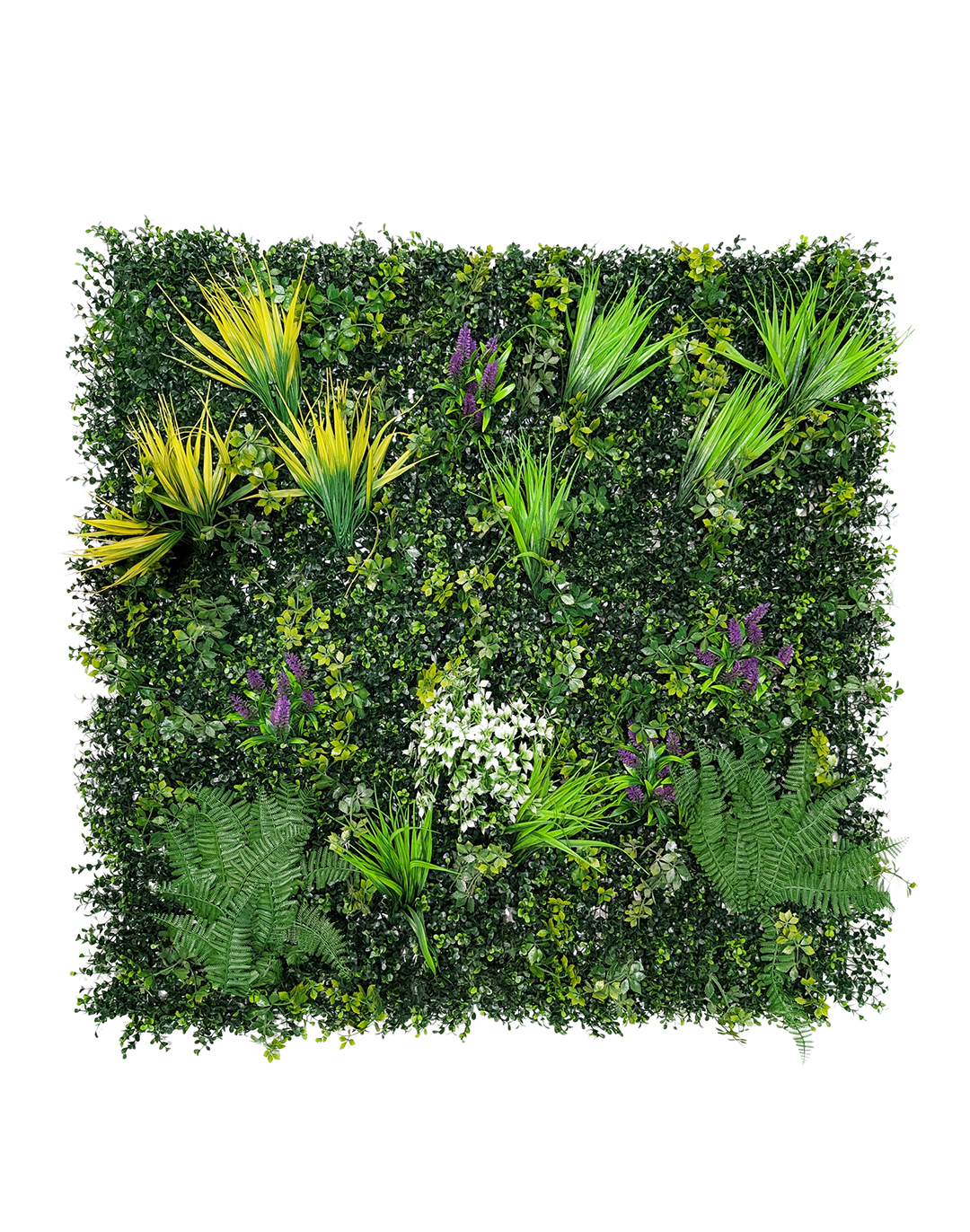 Pflanzenwand - Lush Vibrance (261) - 100x100 cm Künstliche Pflanzenwand AKUSTIL Lush Vibrance mit grünen Blättern, lila Blüten und gelben Gräsern für Büro