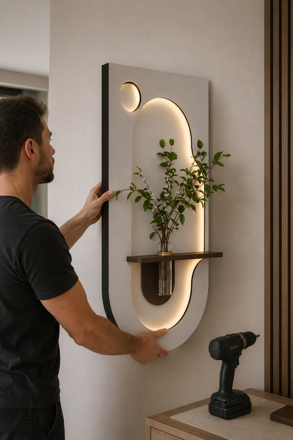 Mann montiert beleuchtetes PVC Wandpaneel mit Ablage und Pflanzendeko an Wohnzimmerwand