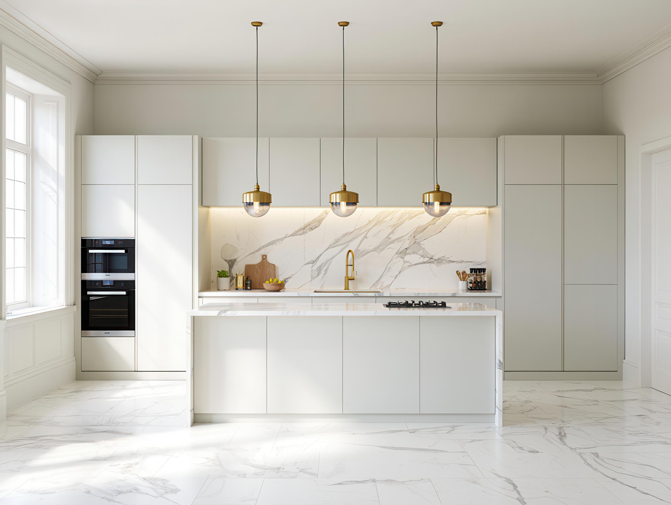 Kann ich PVC-Paneele in der Küche montieren? Weiße PVC Wandpaneele Marmor-Optik moderne Küche elegante Wandverkleidung AKUSTIL Wohnraum