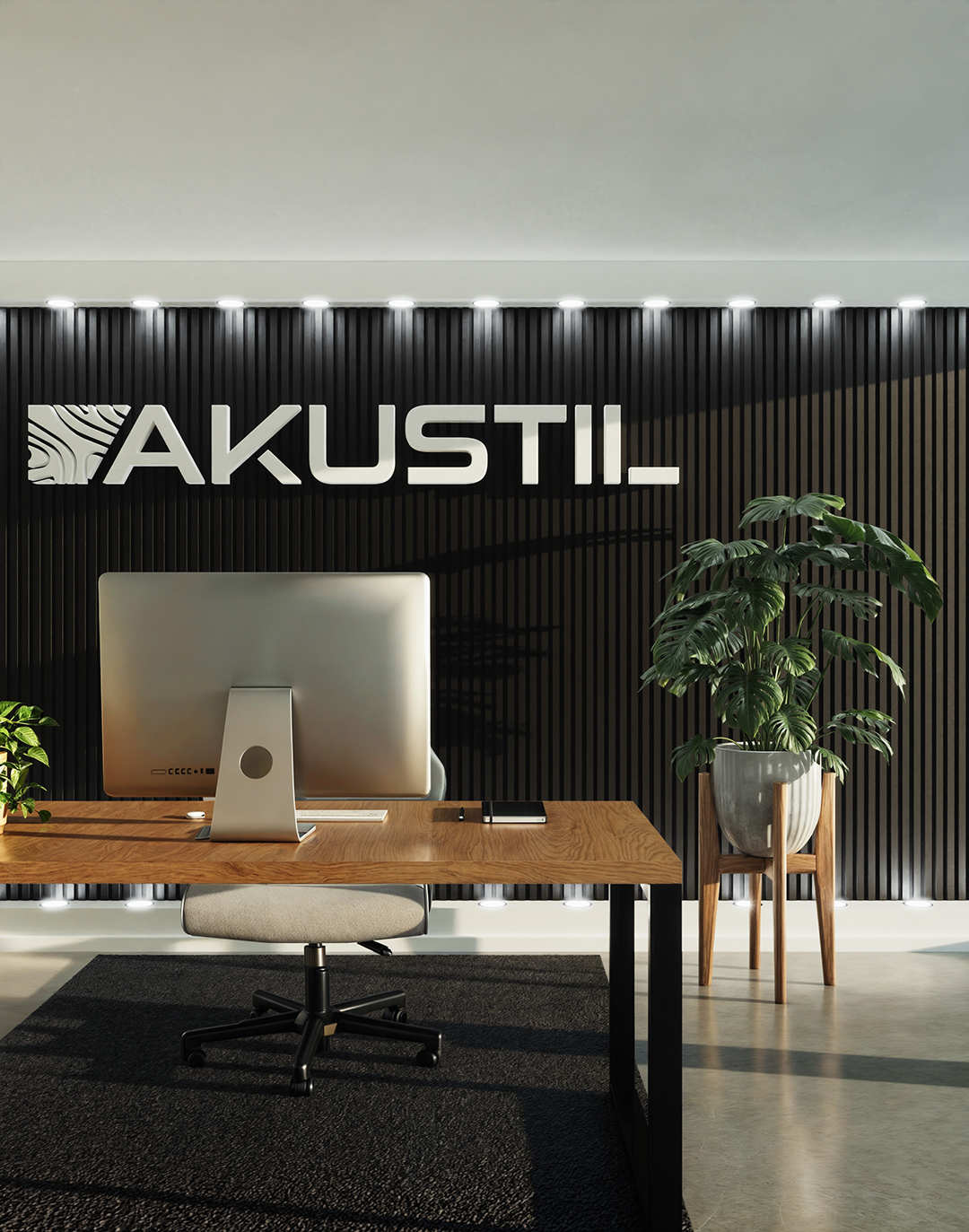 Akustikpaneel Classic - Brushed Black (53) - 240x60 cm AKUSTIL Akustikpaneel Brushed Black im Büro – schwarze Holzlamellen-Wandverkleidung mit LED-Beleuchtung
