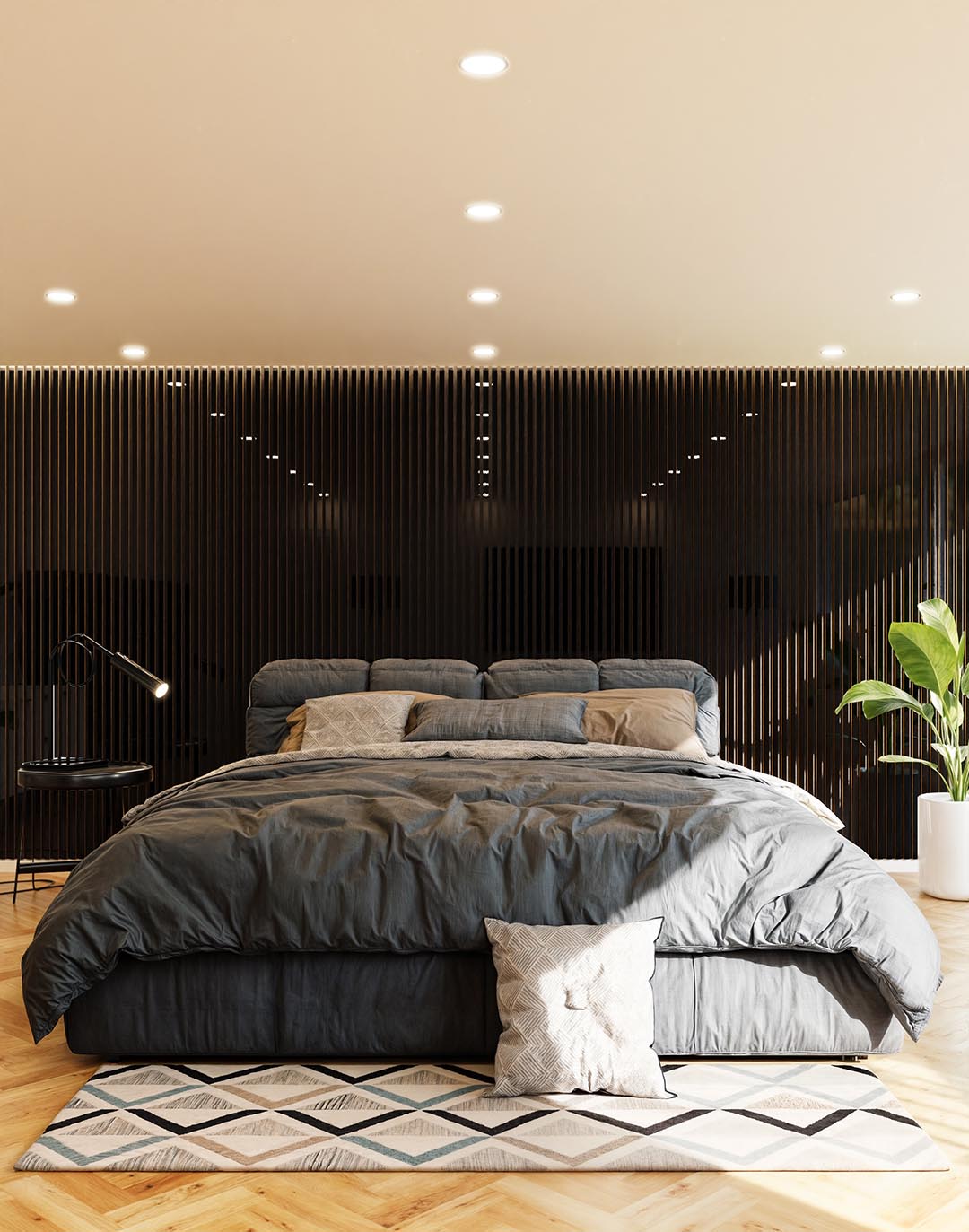 Akustikpaneel Classic - Mirror Black (78) - 240x60 cm Schwarze Holz-Akustikpaneele Mirror Black im modernen Schlafzimmer mit Parkettboden und Designbett