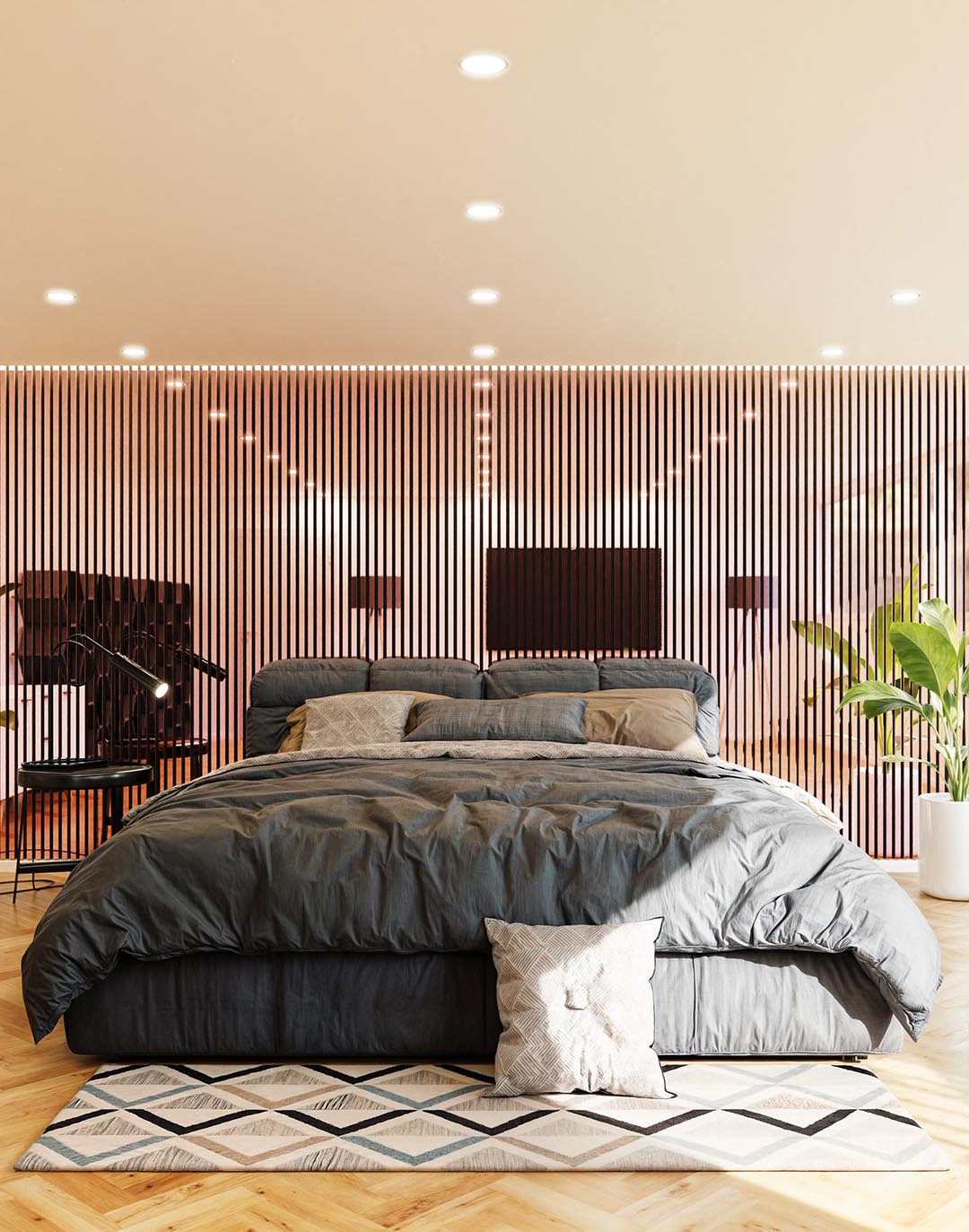 Akustikpaneel Classic - Mirror Rosé (81) - 240x60 cm Schlafzimmer mit Holz-Akustikpaneelen in Rosé hinter Doppelbett mit grauer Bettwäsche und Parkettboden