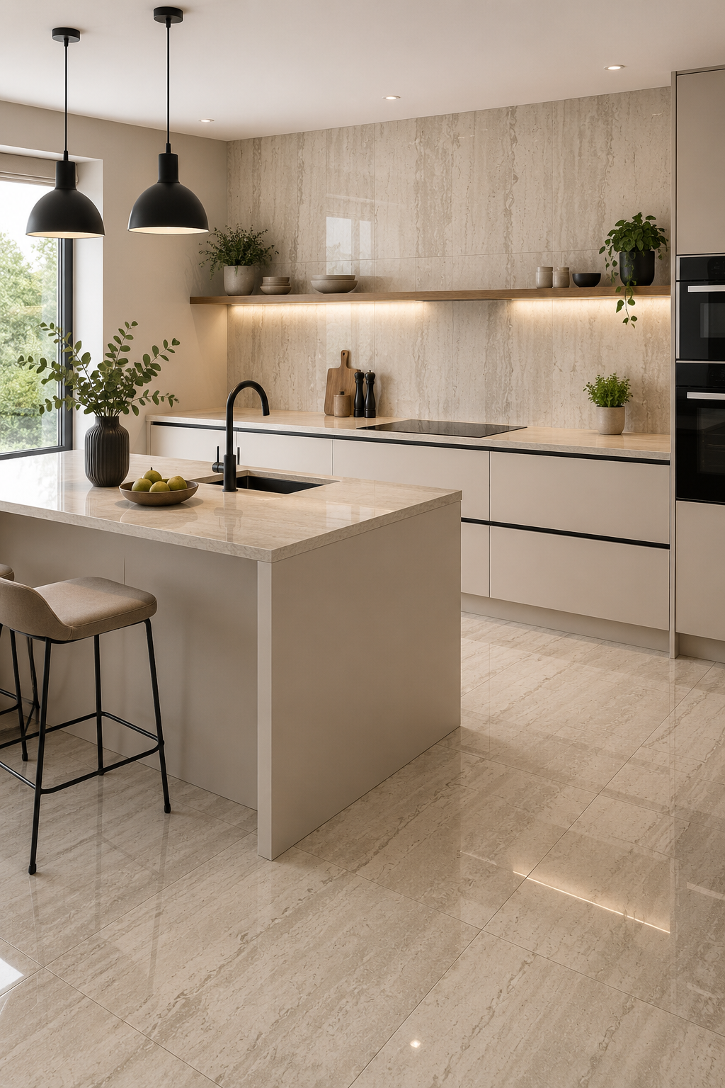 Moderne Küche mit Travertin PVC Wandpaneel in Beige als Küchenrückwand und Akzentfläche