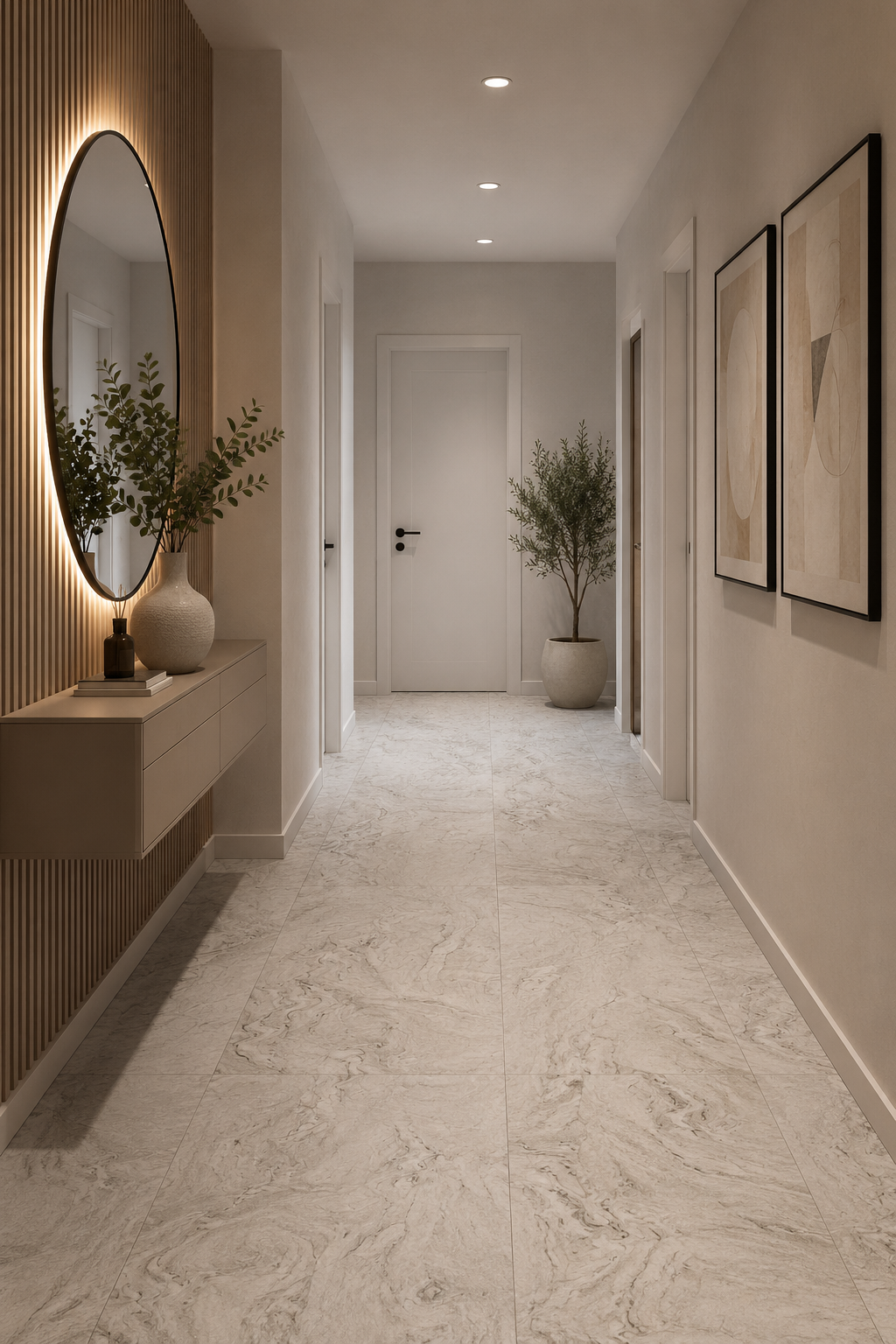 Moderner Flur mit Holz-Akustikpaneelen Beige, rundem Spiegel, Marmorboden und dekorativer Pflanze