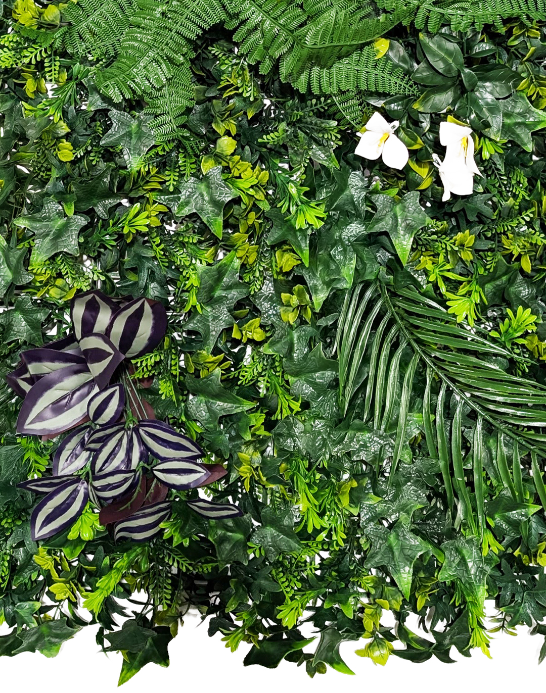 Pflanzenwand - Urban Bloom (266) - 50x100 cm Künstliche Pflanzenwand Urban Bloom mit Farn Efeu Palmenblättern und weißen Blüten für Büro und Gastronomie