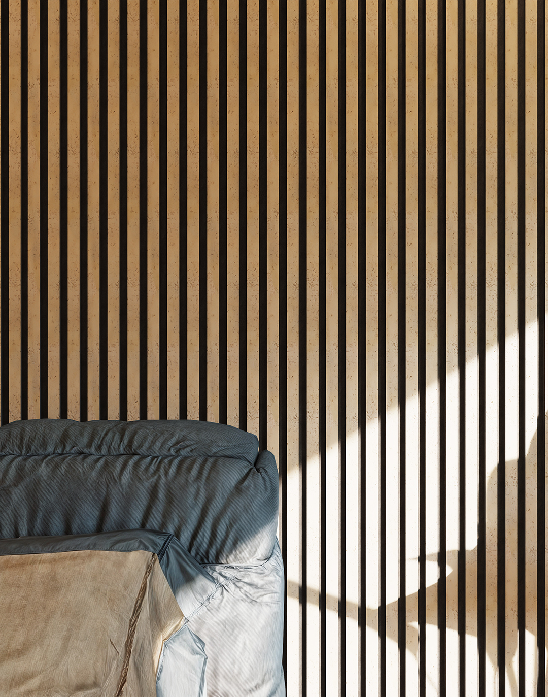 Akustikpaneel Classic - Soft Stone Filz: Schwarz - 240x60 cm Akustikpaneel Soft Stone beige Steinoptik Schlafzimmer Wandverkleidung mit vertikalen Rillen AKUSTIL