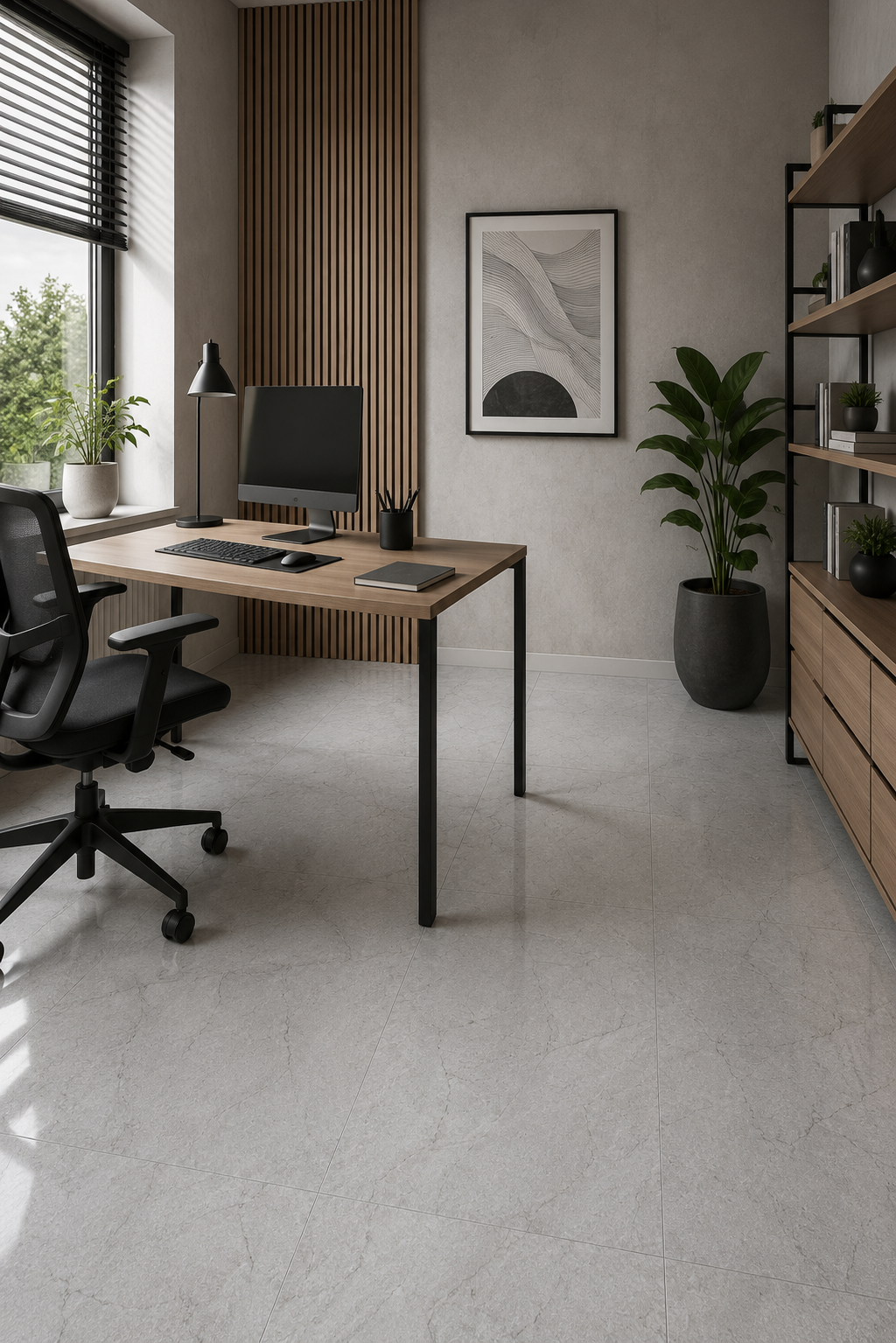 fliesen_homeoffice Holz-Akustikpaneele braun im modernen Homeoffice mit grauem Marmorboden und schwarzem Bürostuhl