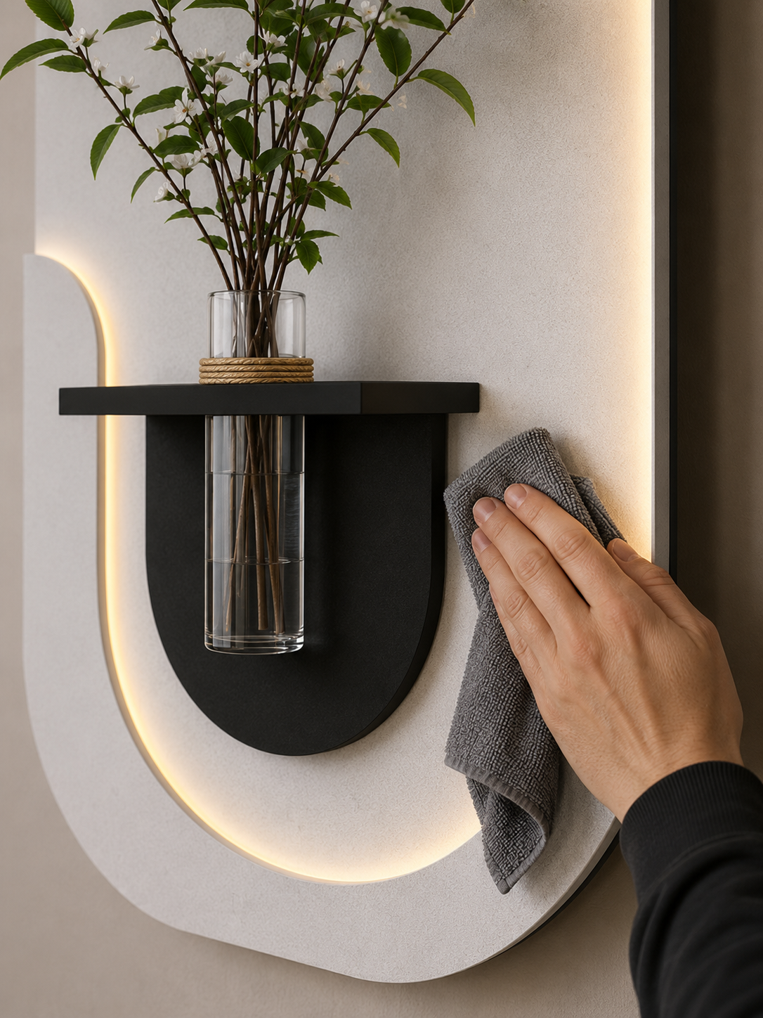 Schwarzes Wandpaneel mit LED-Beleuchtung und Glasvase wird mit Tuch gereinigt – AKUSTIL Wanddeko