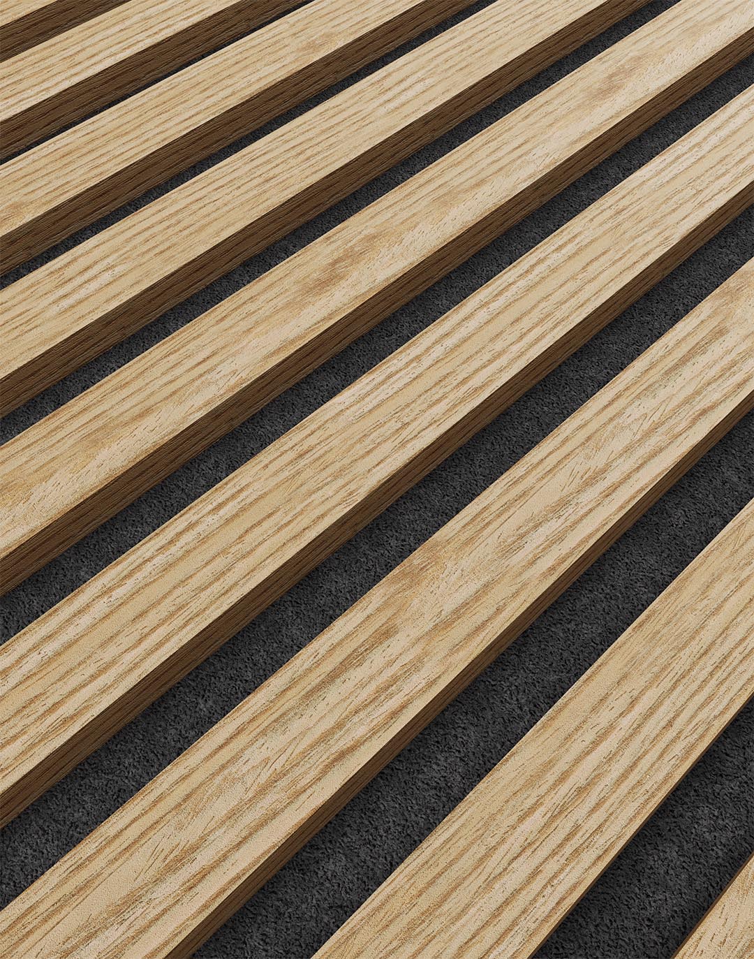 Akustikpaneel Holz Eiche gestreift mit schwarzem Filz Untergrund Wandverkleidung Wohnraum Büro
