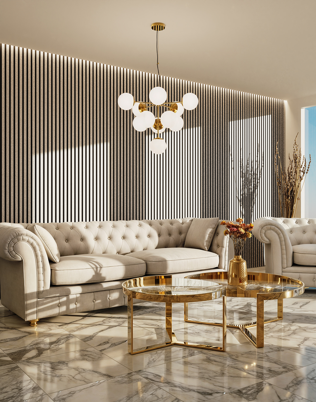 Akustikpaneel Classic - Silber Glitzer Filz: Schwarz - 240x60 cm Wohnzimmer mit silber-grauem Holz-Akustikpaneel AKUSTIL an der Wand, Chesterfield-Sofa und Marmorboden