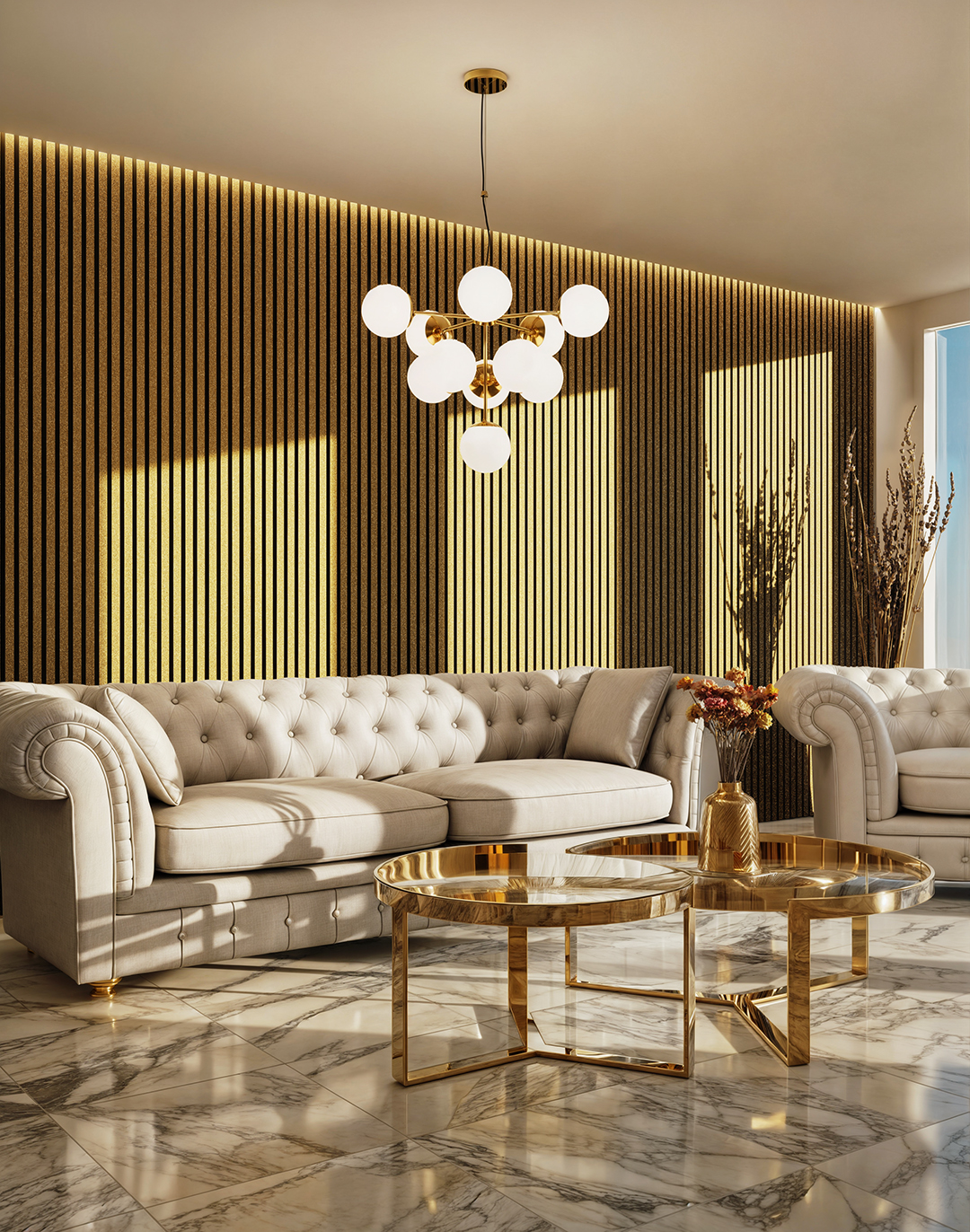 Akustikpaneel Classic - Golden Glitter (102) - 240x60 cm Goldene Akustikpaneele Wohnzimmer Chesterfield Sofa Marmorboden elegantes Innendesign AKUSTIL