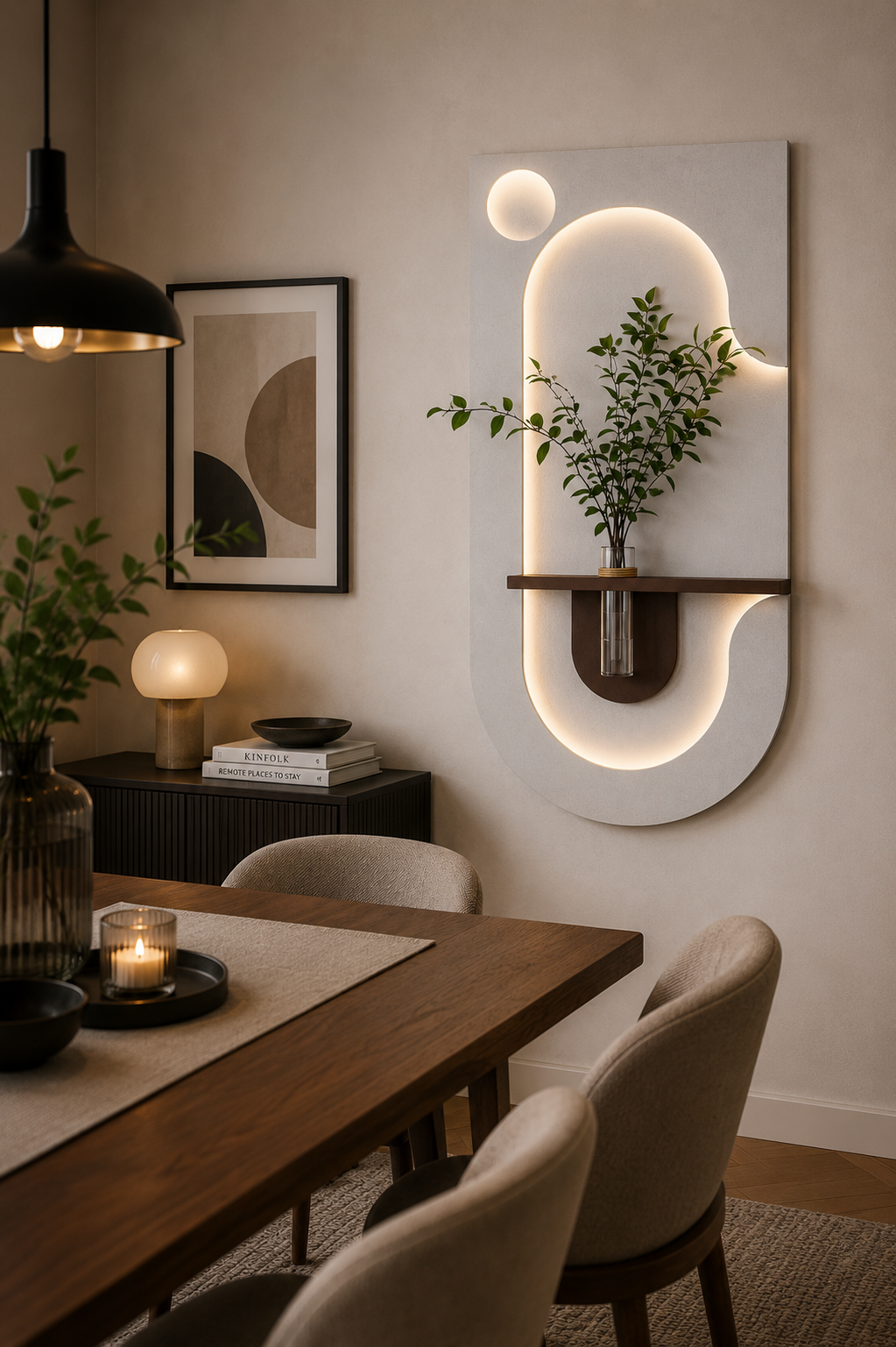 Beleuchtetes Wandpaneel mit Pflanzenwand im Esszimmer – modernes Wanddekor in Weiß mit LED