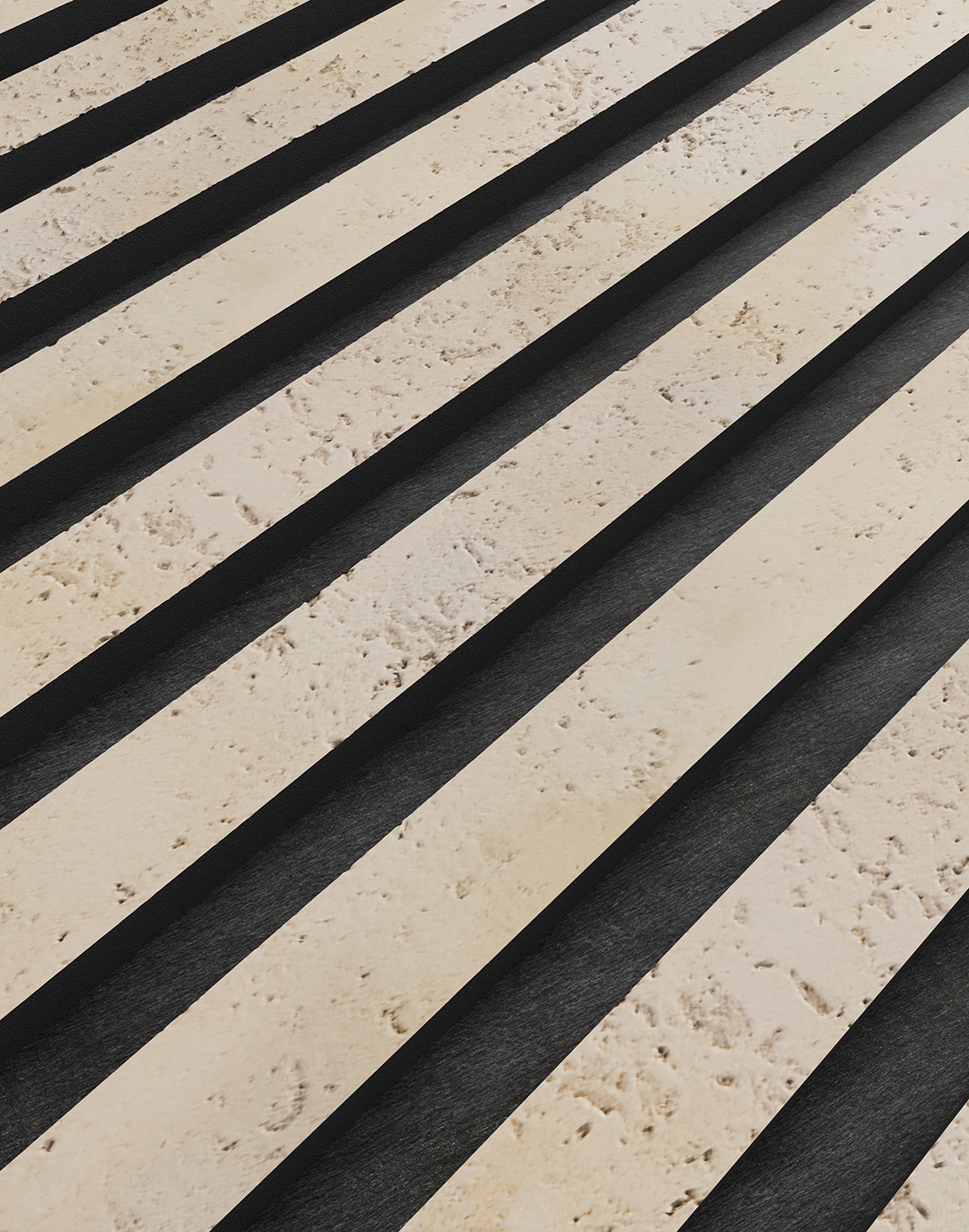 Akustikpaneel Classic - Soft Stone Filz: Schwarz - 240x60 cm PVC Wandpaneel Soft Stone in Beige-Schwarz diagonal gestreift Steinoptik Travertin für Wohnraum und Büro